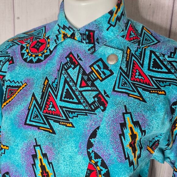 VTG 80s Wrangler Teal/Multicolor Aztec Western Button Up, size Medium - Picture 3 of 9